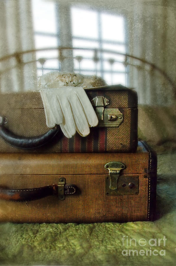 Vintage Suitcases on Brass Bed Photograph by Jill Battaglia