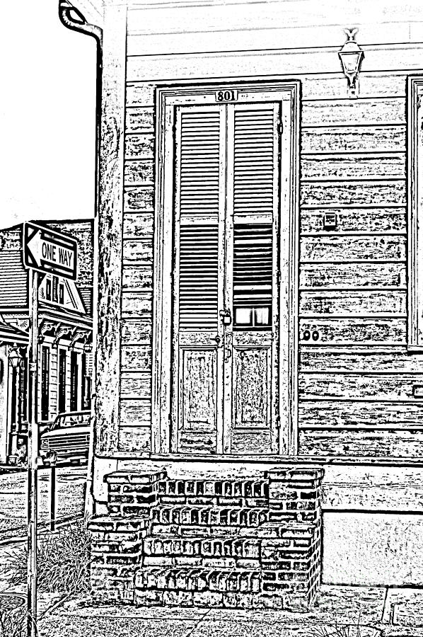 Vintage Wooden Door Brick Stoop French Quarter New Orleans Black and White Photocopy Digital Art Digital Art by Shawn OBrien