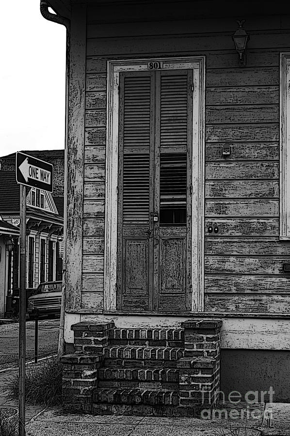 Vintage Wooden Door Brick Stoop French Quarter New Orleans Black and White Poster Edges Digital Art Digital Art by Shawn OBrien