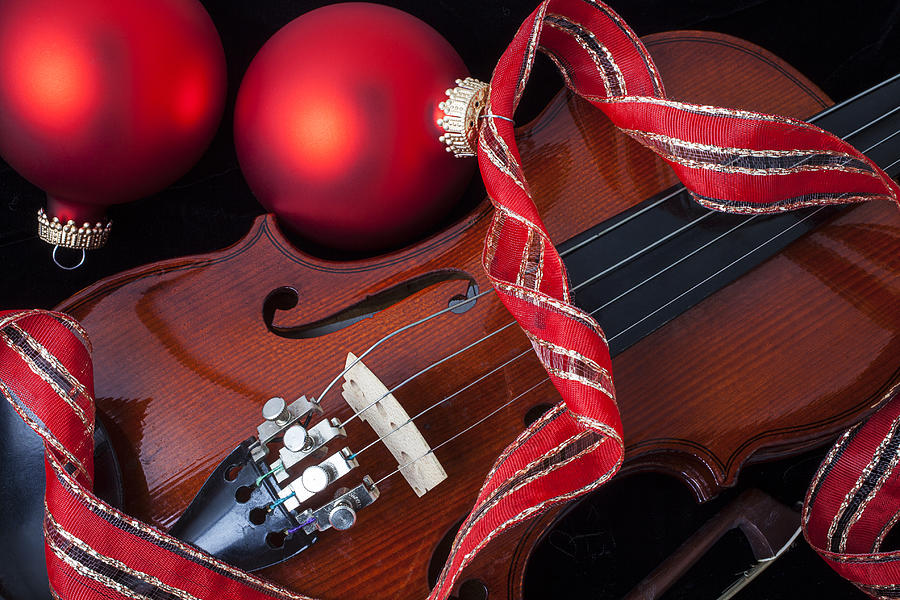 Violin and red ornaments Photograph by Garry Gay