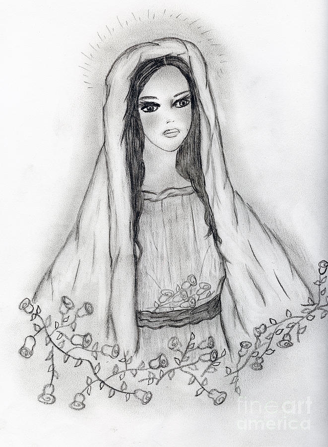 Virgin Mary with Roses Drawing by Sonya Chalmers