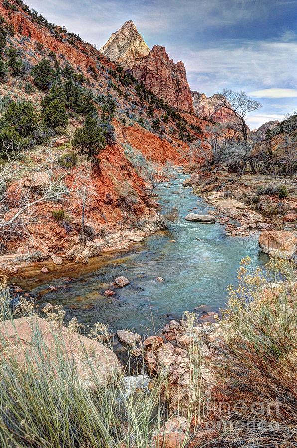 Virgin River Flows through Zion Canyon - HDR Painting Photograph by Gary Whitton