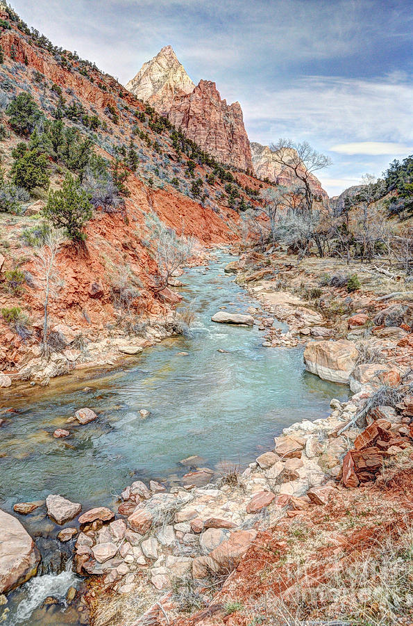 Virgin River Flows through Zion Canyon - HDR Painting Version II Photograph by Gary Whitton