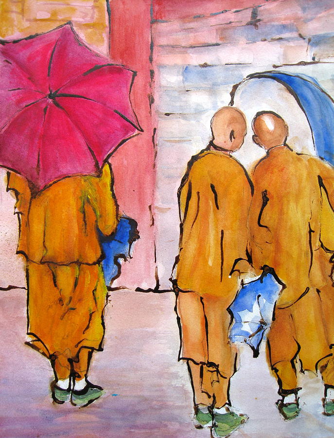 Visiting Monks Painting by Myra Evans