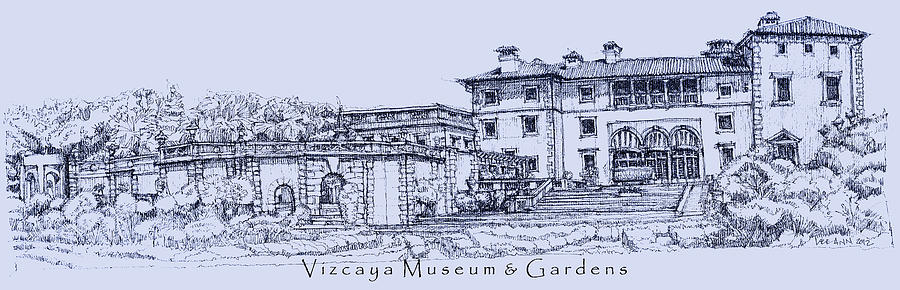 Garden Drawing - Vizcaya Museum and Gardens in blue  by Building  Art