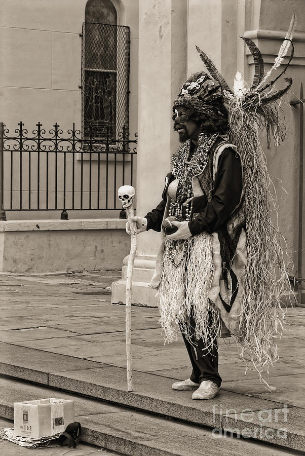 Feather Photograph - Voodoo Man in Jackson Square New Orleans- sepia by Kathleen K Parker