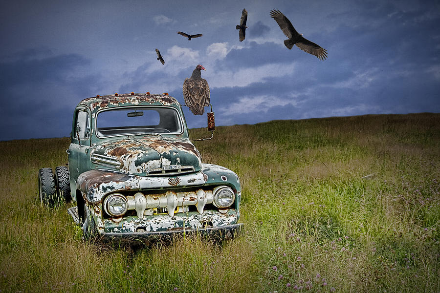 Vultures and the Abandoned Truck Photograph by Randall Nyhof