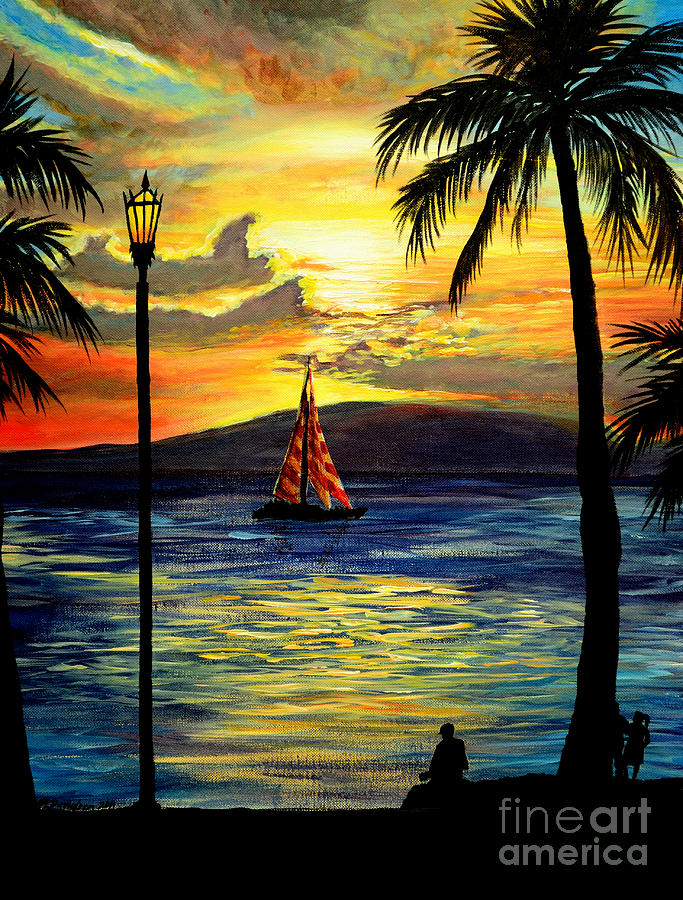 Beach Sunset Painting - Waikiki Beach Sunset by Pat Davidson