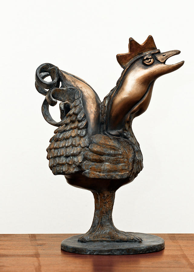 Rooster Sculpture - Wakeup Call Rooster Image 2 Bronze Sculpture with beak feathers tail brass and opaque surface  by Rachel Hershkovitz