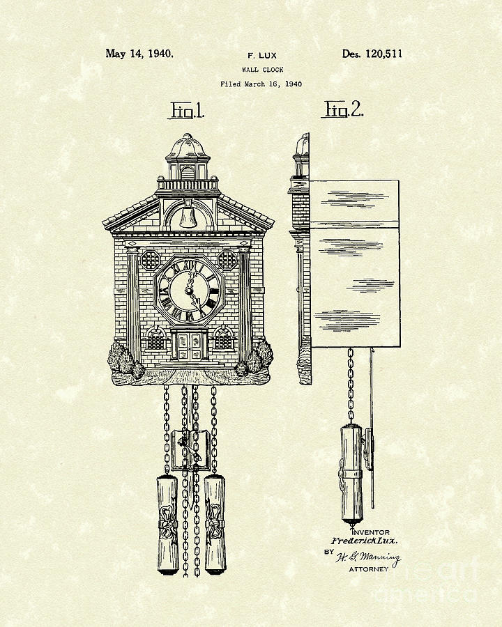 Clock Drawing - Wall Clock 1940 Patent Art by Prior Art Design