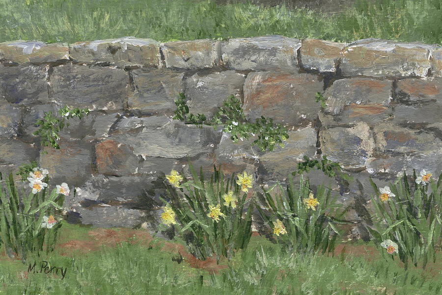 Wall with Daffodils Painting by Margie Perry