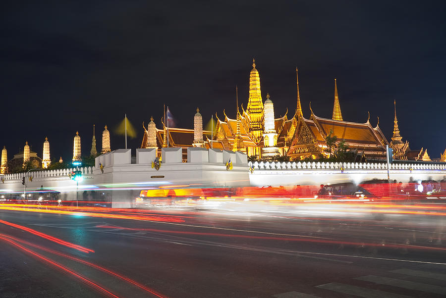 Architecture Photograph - Wat pra kaew Grand palace at night in Bangkok Thailand by Assawin Chomjit