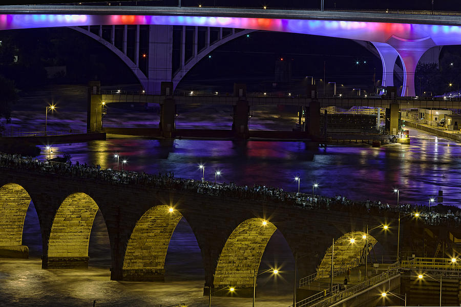 Watching Fireworks from Stone Arch Bridge Photograph by Mark Harrington