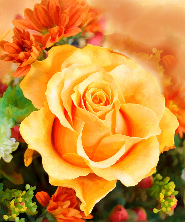 Water Color Yellow Rose with Orange Flower Accents