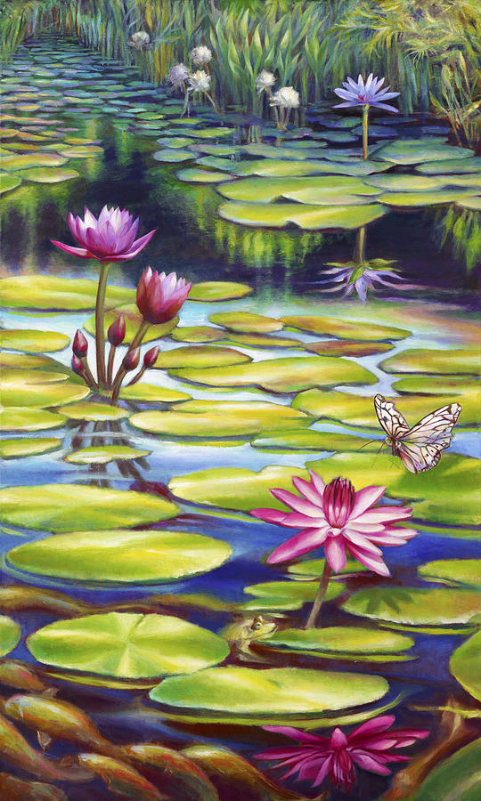 Water Lilies at McKee Gardens II - Butterfly and Frog Painting by Nancy Tilles
