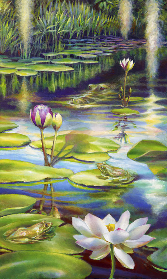 Alligator Painting - Water Lilies at McKee Gardens III - Alligator and Frogs by Nancy Tilles