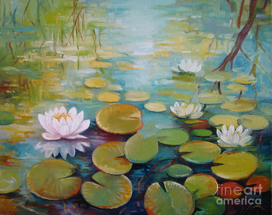 Lily Painting - Water lilies on the pond by Elena Oleniuc