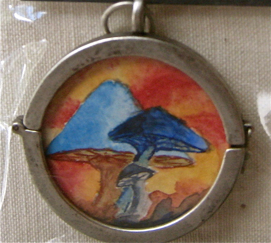 Watercolor Pendant Passion and Three Blue Mushrooms side 2 Jewelry by Beverley Harper Tinsley