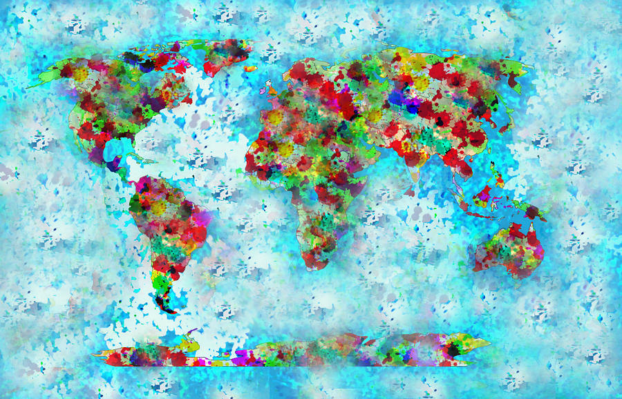 Watercolor Splashes World Map Painting by Georgeta  Blanaru