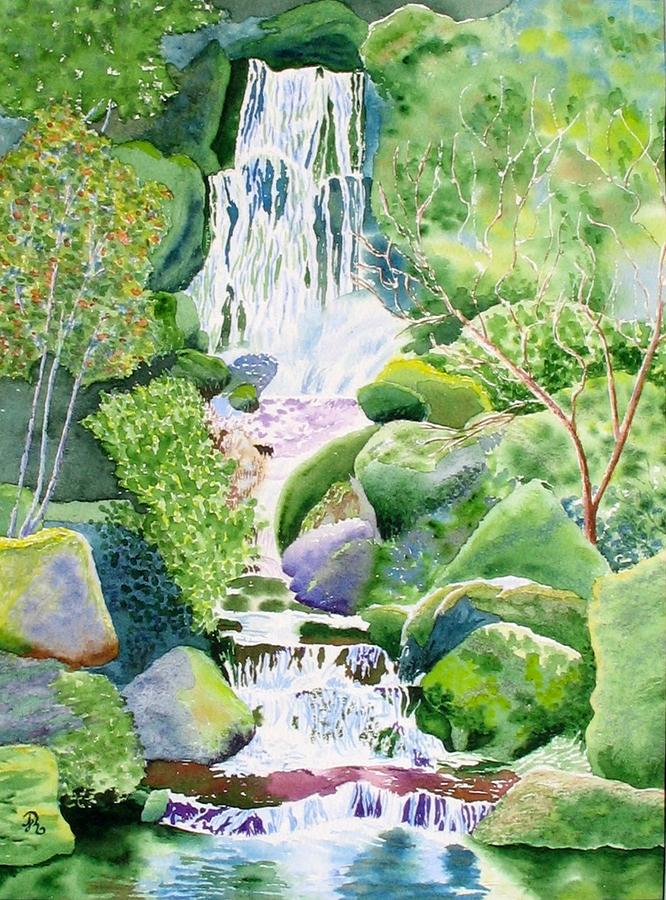 Waterfall In Japanese Garden Painting by JoAnne Rauschkolb