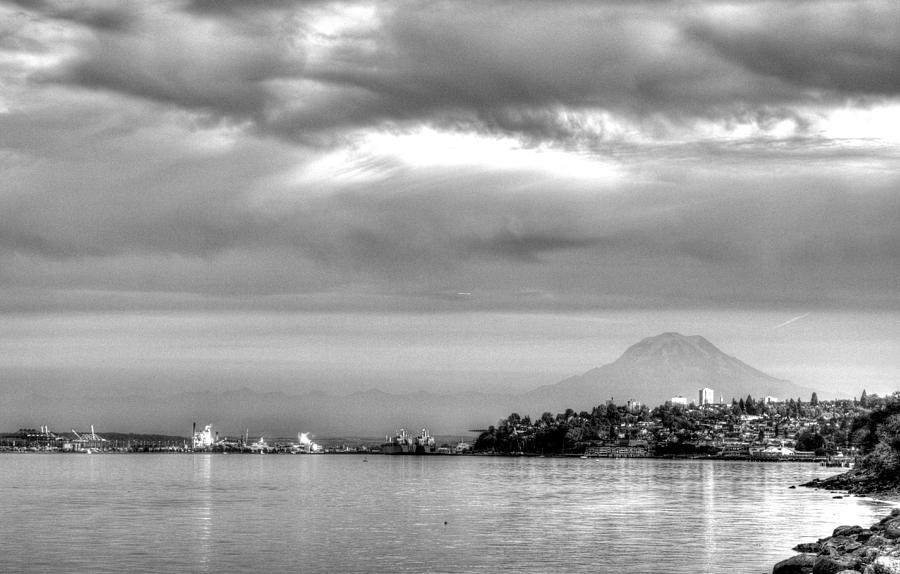 Tacoma Photograph - Waterfront Look at Rainier B-W by Barry Jones