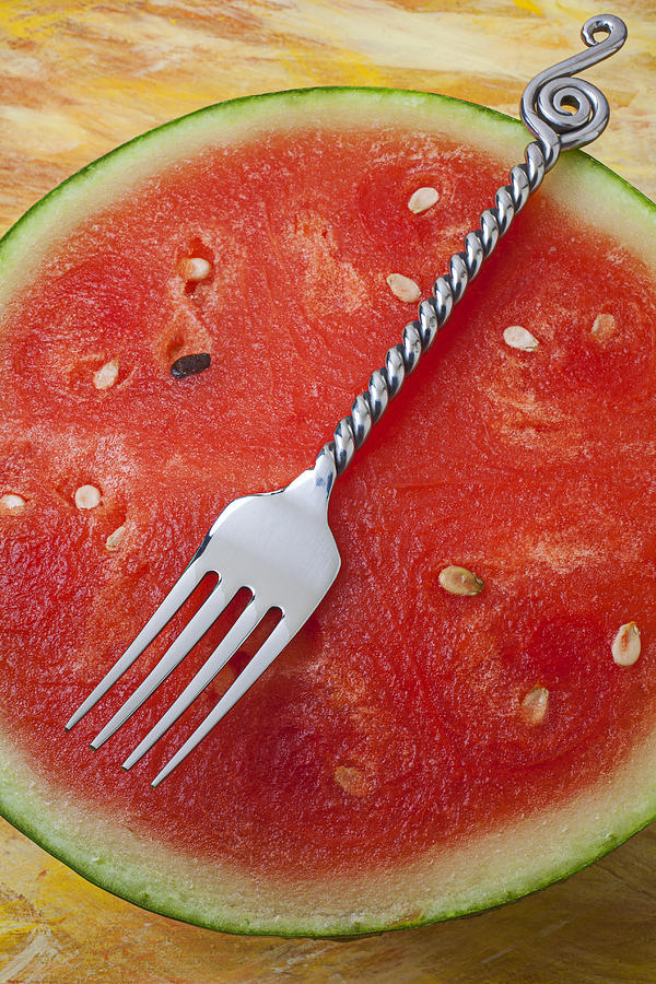 Watermelon and fork Photograph by Garry Gay