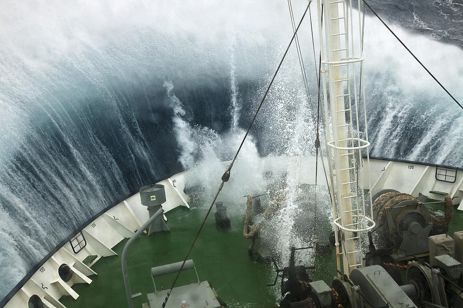 Wave Breaking Over Bow Of Tourist Ship Photograph by Colin Monteath