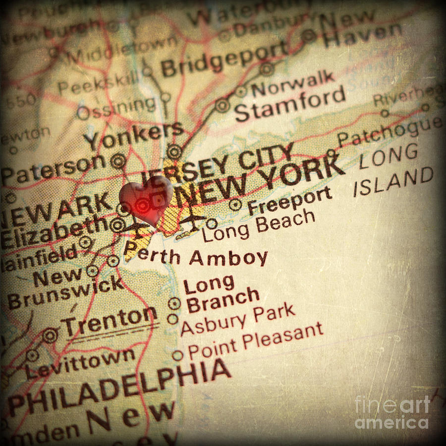 New York City Photograph - Weathered Antique Map in a Grunge Vintage border with a Heart of by ELITE IMAGE photography By Chad McDermott