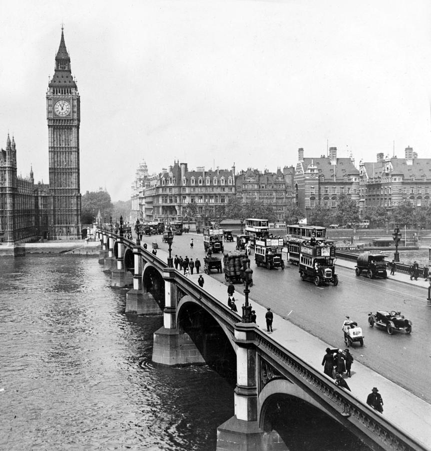 Westminster Bridge - west past clock tower of Houses of Parliament in London - England - ca 1926 Photograph by International  Images