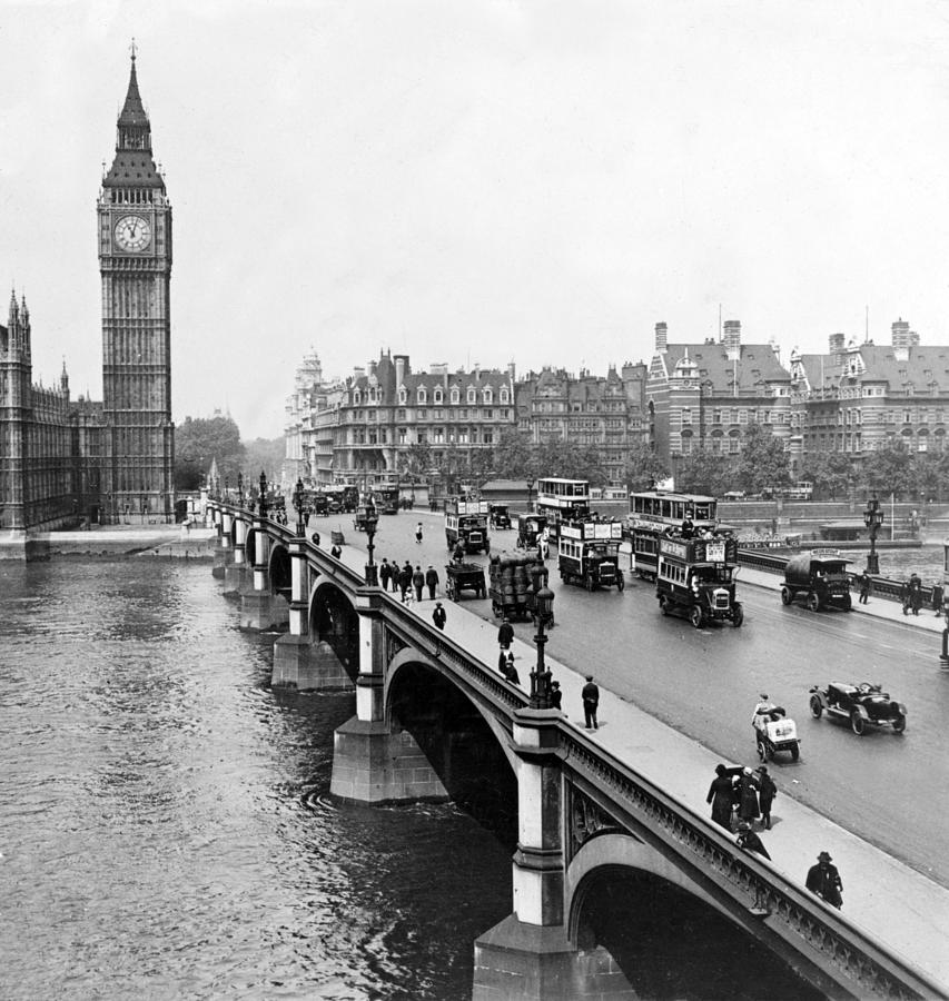 Westminster Bridge and Clock Tower in London - England - c 1926 Photograph by International  Images