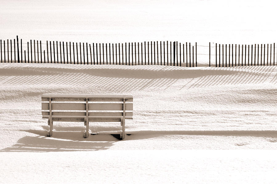 White Bench on a Winter Beach sepia Photograph by Bill Pevlor