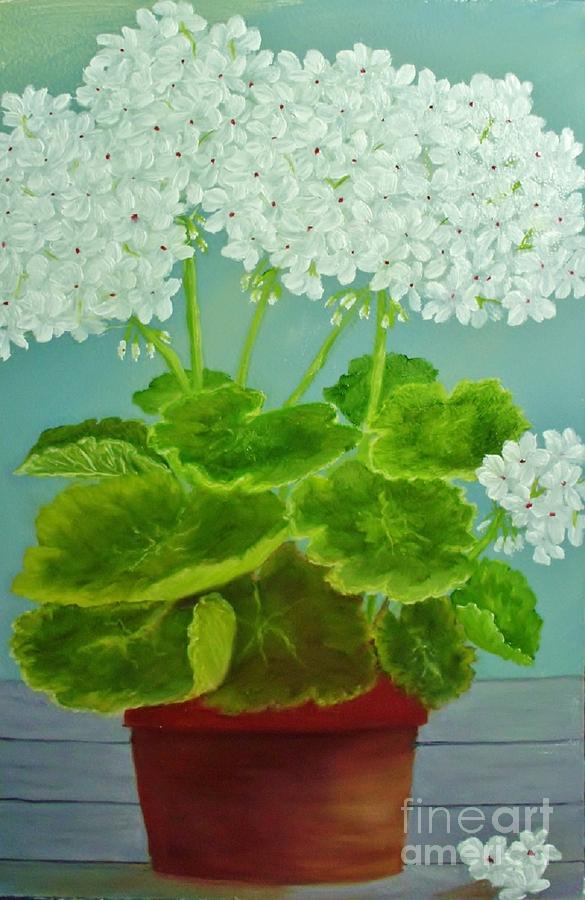 White Geraniums Painting by Peggy Miller