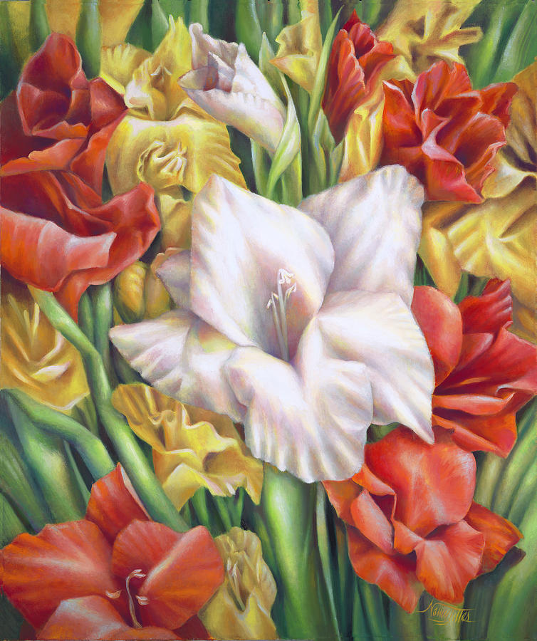 White Gladiolus Close Up Painting by Nancy Tilles