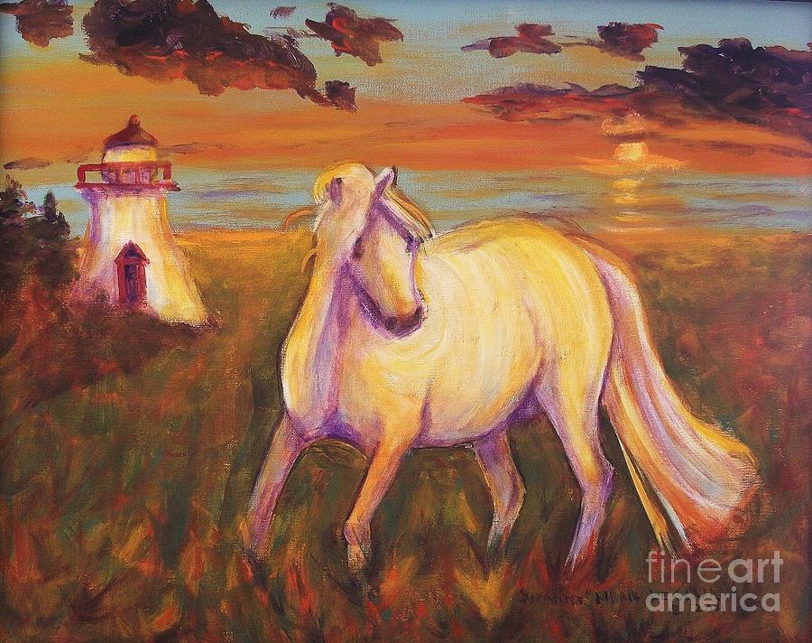 Sunset Painting - White Horse by Lighthouse by Suzanne  Marie Leclair