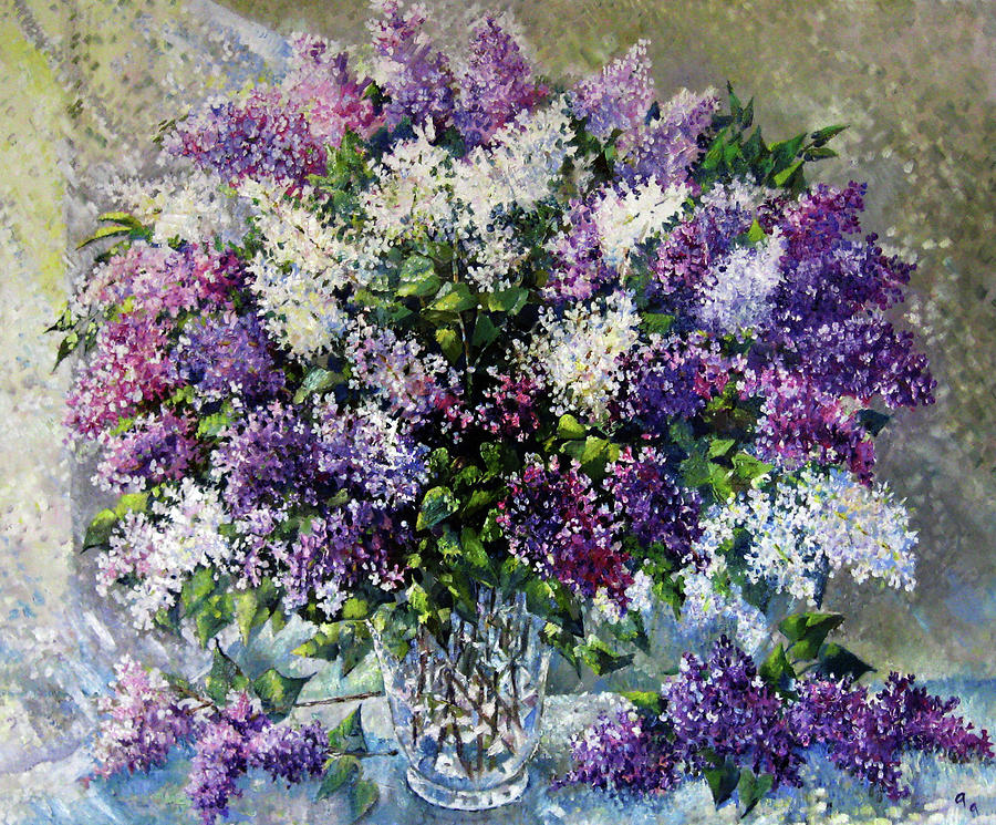 White Lilac Painting by Adilya Moldabekova