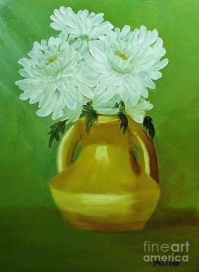 White Mums in gold vase Painting by Peggy Miller