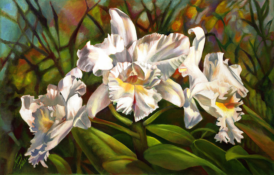 White Orchid Trio Painting by Nancy Tilles