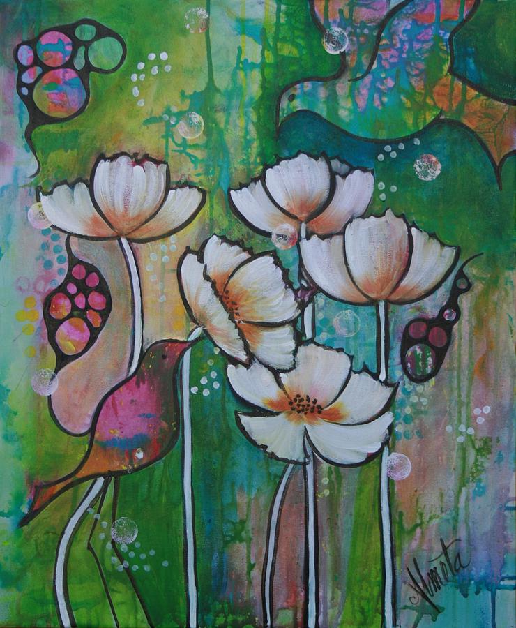 Bird Painting - White Poppies in a world of colour by Almeta Lennon