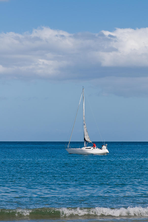 White yacht sails in the sea along the coast line Photograph by U Schade