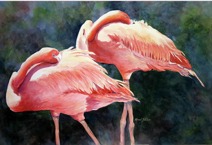 Whos Peekn - Flamingos Painting by Roxanne Tobaison