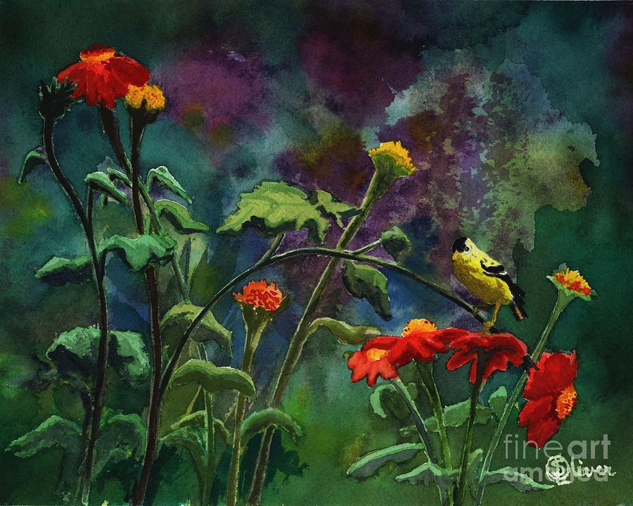 Wild Canary with Flowers Painting by Sherry Oliver