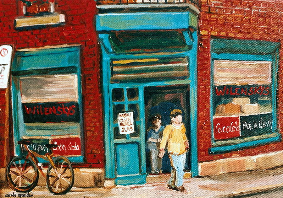 Wilenskys Lunch Counter  Fairmount Montreal Street Scene Painting by Carole Spandau