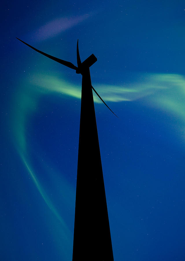 Wind farm and Northern Lights Digital Art by Mark Duffy
