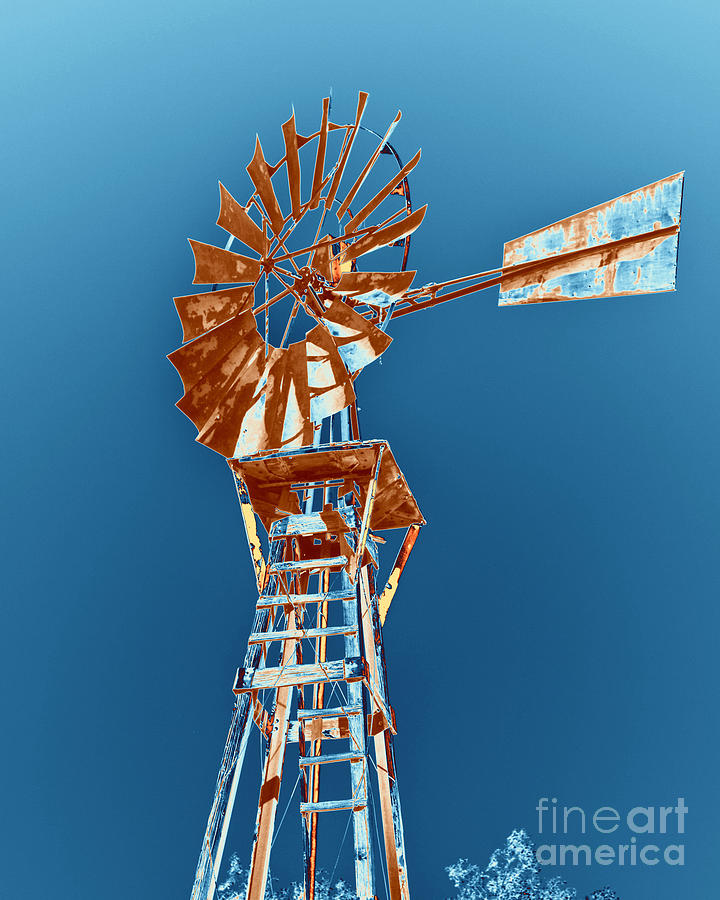 Vintage Photograph - Windmill Rust orange with blue sky by Rebecca Margraf