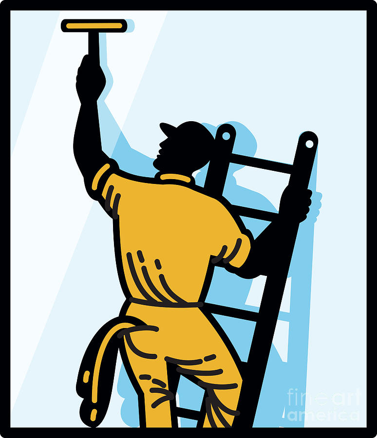 Window Cleaner Digital Art - Window Cleaner Worker Cleaning Ladder Retro by Aloysius Patrimonio