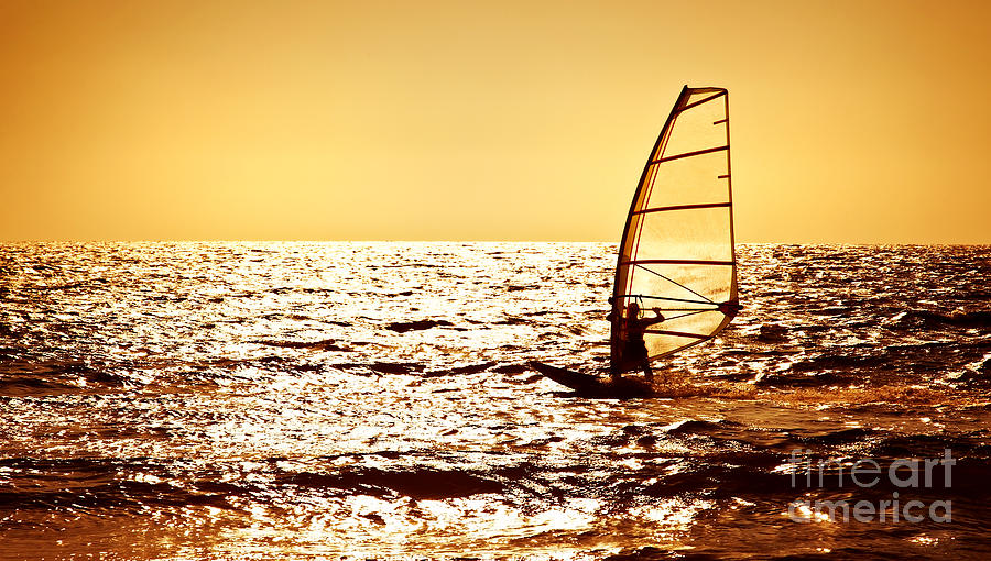 Nature Photograph - Windsurfer silhouette over sea sunset by Anna Om