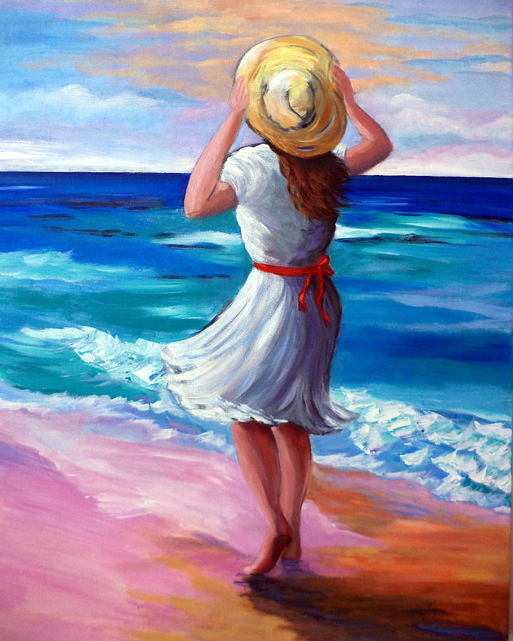 Windy day at the beach Painting by Rosie Sherman