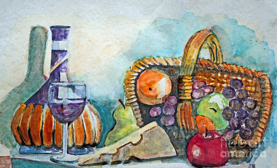 Wine Cheese and Fruit Basket Painting by Rita Brown