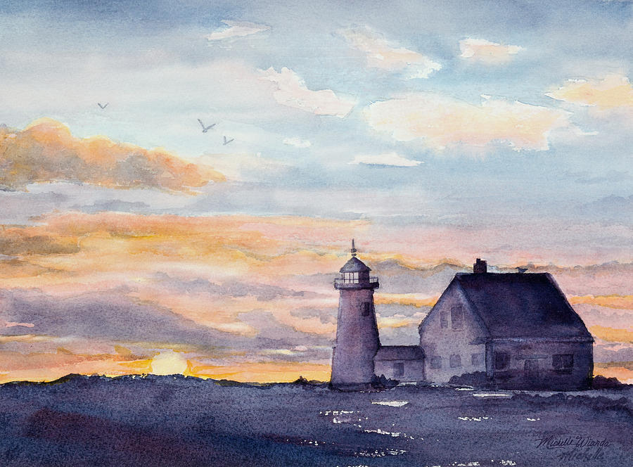 Wings Neck Lighthouse Bourne Massachusetts Watercolor Painting by Michelle Constantine