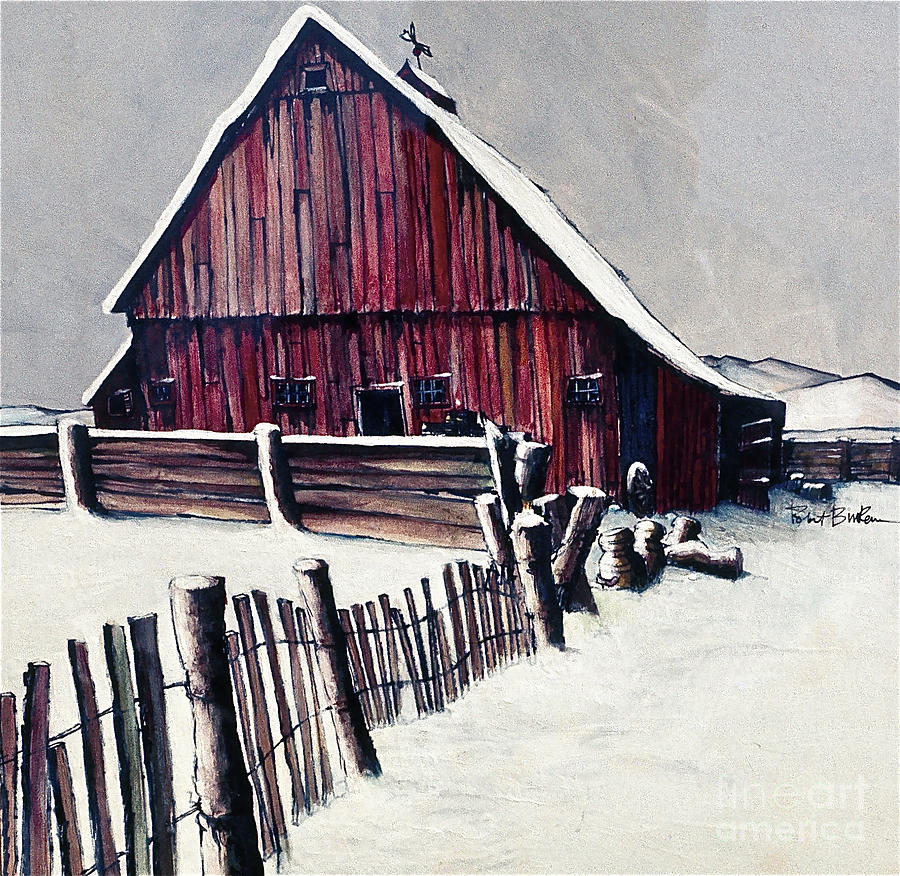 Winter Barn Painting by Robert Birkenes